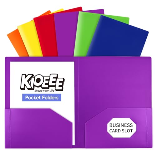 Plastic Folders with Pockets(6 Pack),Heavy Duty Plastic Folders with 2 Pocket and Business Card Slot,Fit Letter Size Paper,Assorted Color for School