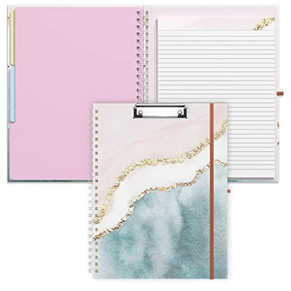 Rimilak Spiral Clipboard Folio with Refillable Lined Notepad, 14.5 x 9.8 In, Hardcover Cover with 5 Interior Pockets, Elastic Band and Pen Loop Series. Cute Stylish Clipfolio, Pink Gold Marble - color: Pink Gold Marble