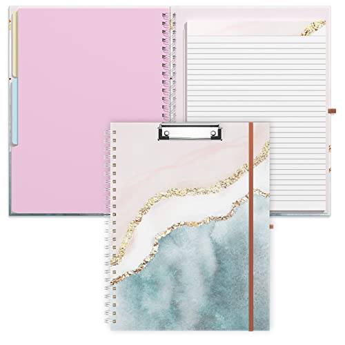 Rimilak Spiral Clipboard Folio with Refillable Lined Notepad, 14.5 x 9.8 In, Hardcover Cover with 5 Interior Pockets, Elastic Band and Pen Loop Series. Cute Stylish Clipfolio, Pink Gold Marble - color: Pink Gold Marble