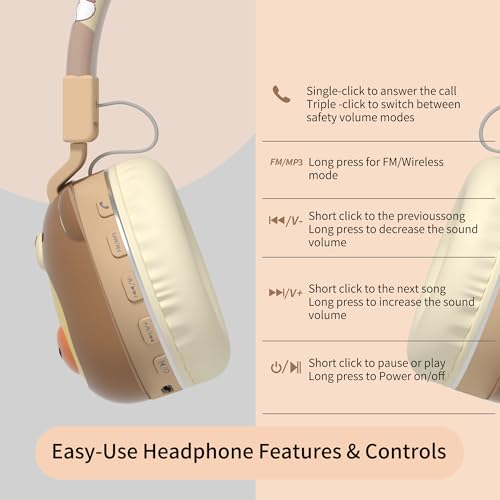 Icarer Kids Bluetooth Headphones with 85dB Volume Limiter, Bluetooth 5.4 & 20H Playtime, Ultra-Soft Foldable Over-Ear Headset with Mic, FM/TF/Wired Mode, Cute Animal Design for School Travel (Brown) - color: Brown