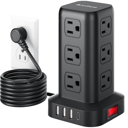 AnnTane Power Strip 6.5 FT Cord, Power Strip Tower with 4 USB Ports (1USB C), Extension Cord with 12 AC Multiple Outlets, Home Office Supplies Desk Accessories, Dorm Room Essentials - color: Black, size: 6.5FT