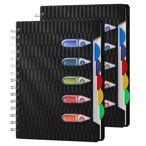 CAGIE 2 Pack 5 Subject Spiral Notebook with Dividers 5x7 | Small Notebook, College Ruled, 100 gsm, Notebooks with Tabs, for Work, School,Office, Note Taking, Black - color: Black, size: A5-2 Pack