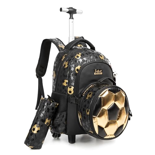 Rolling Backpack with Lunch Box,School Backpack for Boys Roller Bookbags with Wheels for Elementary Students,Black - color: Black Gold Football