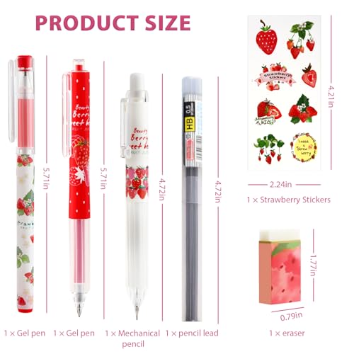 Cute Strawberry Pens Set Include Kawaii 0.5mm Strawberry Mechanical Pencil,Mechanical Pencil Lead Refills,Erasers,Gel Pens,Stickers,Strawberry Stationery Set for Office School Supplies