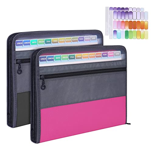 MEGREZ Expanding File Folder with 13 Pockets, 2 Pack A4 Paper File Folder with Zipper Color Labels, Waterproof Accordion File Folder Organizer for Home Office, Pink & Black - color: Pink & Black