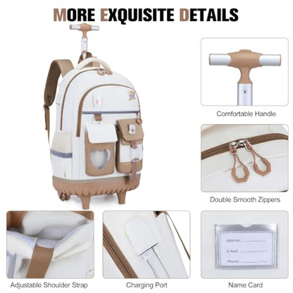 ACESAK Rolling Backpack for Girls - Roller Wheels School Bookbag with Lunch Bag & Pencil Pouch for Teen Girls Kids Wheeled Suitcase Backpacks, Elementary Middle School Travel Daypack (Khaki White) - color: Khaki-white