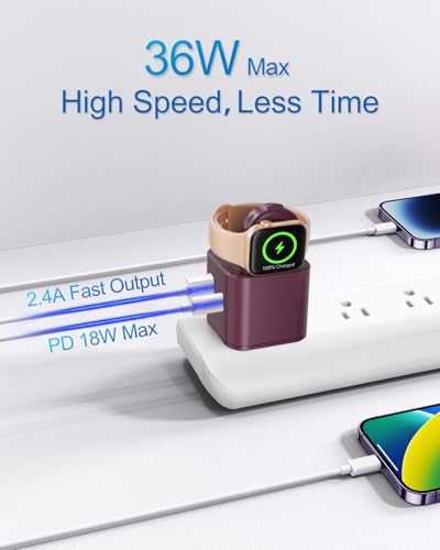 BeaSaf 36W for Apple Charging Block with Built-in Watch Charger, Foldable PD Fast Charger Block for iPhone, Dual Ports Wall Charger Compatible with Apple Watch iPhone AirPods (Plum) - color: Plum