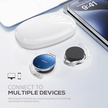 Open Ear Headphones Wireless, 52Hrs Playtime, with Hook Bluetooth Headset | Lightweight Earphones, Clip-On Ear Design, Dual Device Pairing, for Workouts - color: White Blue