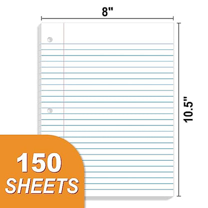 SUNEE Loose Leaf Paper, 900 Sheets, 6 Pack Wide Ruled Paper, 8 x 10-1/2 Inch Filler Paper, 3 Hole Punch Binder Paper, Loose Leaf Notebook Paper, 150 Sheets/Pack - size: Wide Ruled | 6 Pack