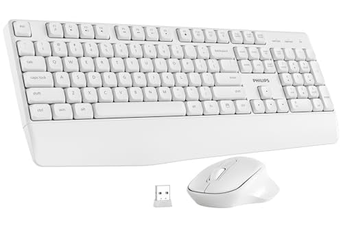 PHILIPS Wireless Keyboard and Mouse Combo-Ergonomic Keyboard and Mouse Wireless Combo with Silent Design,Plug n' Play,Sleep Mode and 2.4GHz Keyboard for Mac, Windows, Laptop-White - color: White