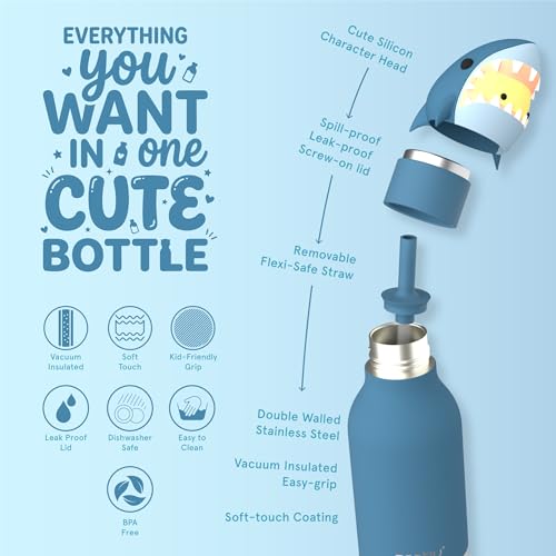 asobu Bestie Bottle Limited Edition Collectible Kids Water Bottle with Animal Character Lid 16oz (460ml) Insulated Stainless Steel, Leakproof, Reusable with Straw Fun Gift for Girls & Boys - color: HURLEY THE SHARK