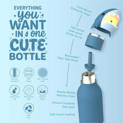 asobu Bestie Bottle Limited Edition Collectible Kids Water Bottle with Animal Character Lid 16oz (460ml) Insulated Stainless Steel, Leakproof, Reusable with Straw Fun Gift for Girls & Boys - color: HURLEY THE SHARK