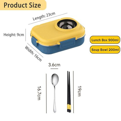 Bento Lunch Box, 304 Stainless Steel Portable Leakproof Lunch Food Containers Set with 3 Compartment for Adults - with Chopsticks Spoon Soup Bowl Gift for Friends, Family (Beige)