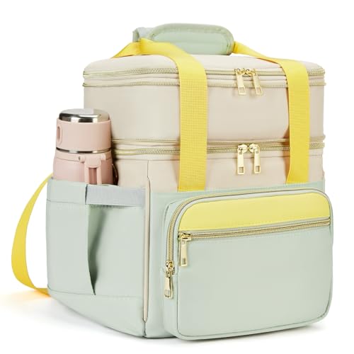 holuxer Insulated Lunch Bag & Lunch Box for Women - Double Deck Reusable Lunch Bag for men Tote Cooler Bag Leakproof Soft Expandable - Large Lunchbox for Work/Adult/Picnic/Outdoor (Green，15L) - color: Green with Beige with yellow, size: 15L