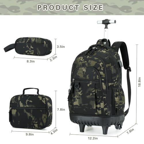DIGOBAY Rolling Backpack for Boys, Cool Boys Backpack with Wheels, Kids Wheeled backpacks Set with Lunch Bag Pencil Case for Teen Boy, Roller School Bag with Wheels for Elementary Middle School - color: Black and Green Camo