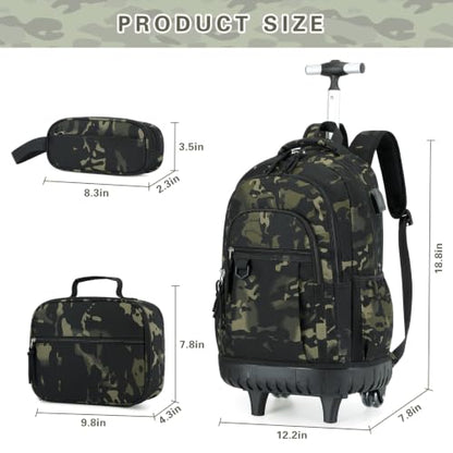 DIGOBAY Rolling Backpack for Boys, Cool Boys Backpack with Wheels, Kids Wheeled backpacks Set with Lunch Bag Pencil Case for Teen Boy, Roller School Bag with Wheels for Elementary Middle School - color: Black and Green Camo