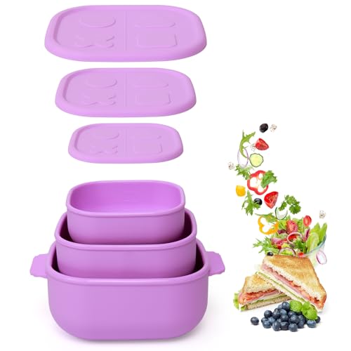 Silicone Bento Box ｜Food Grade & Leakproof Lunch Box Bento with Lids ｜3-Piece Space-Saving Nesting Kit Food Storage Containers Set (Purple) - color: Purple
