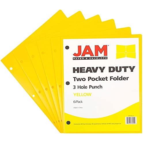 JAM PAPER Heavy Duty Plastic 3 Hole Punch Pocket Folders - Extra Tough School Folders - Yellow - 6/Pack - color: Yellow, size: 6 Per Pack