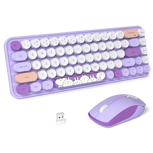 FOPETT Wireless Keyboard and Mouse Cute Mouse and Keyboard 2.4G Wireless Keyboards with Colorful 68 Keys Typewriter Retro Round Keycap for PC, Laptop,Tablet,Computer Windows - Purple Colorful - color: I D Purple Colorful