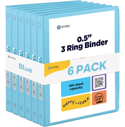 Enday 1/2 inch Binder 3 Ring Binder (6 Pack - Blue) O-Ring Binder with Clear View Cover and 2 Inside Pocket - for Letter Size 8.5 x 11'' Paper, Ideal for School Supplies, Office, and Home - color: Blue, size: 0.5-Inch