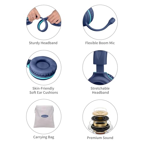 SIMOLIO Wired Headphones for School with Microphone, Stereo Kids Headphone with Flexible Swivel Boom Mic for Student K12 & Teacher & E-Learning, 3 Levels Volume Limiter Gaming Headsets for Boys, Girls - color: Blue