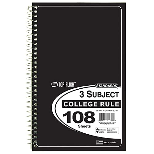 Top Flight Standards 3-Subject Wirebound Notebook, 108 Sheets, College Rule, 9.5 x 6 Inches, 1 Notebook, Cover Color May Vary (33601)