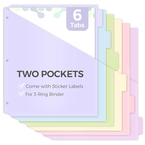 SKYDUE Binder Dividers with Tabs and Pockets, 6 Tabs Dividers for 3 Ring Binder, Tear-Resistant Plastic Binder Dividers for School, Office, Home - color: Blue, size: 1 SET