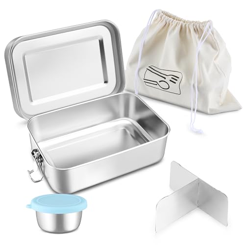 HaWare Large Stainless Steel Bento, Lunch Box, 47oz (1400ml) with Divider | 3 Compartment, Blue Condiment Container &Carrying Bag Included, Leak-Proof, Dishwasher Safe - color: Sky Blue, size: 47oz-(1400ml)