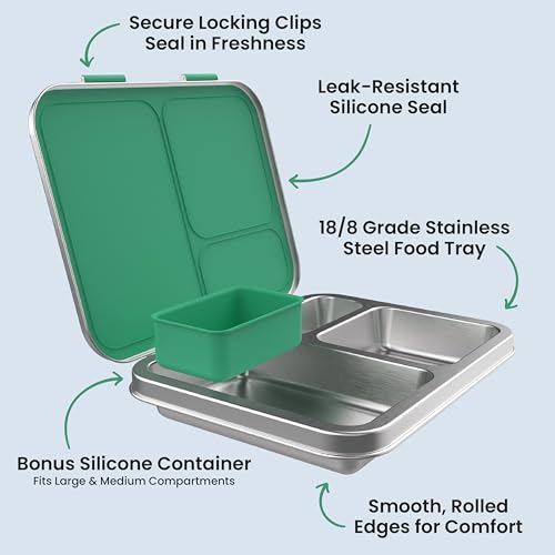 Bentgo Kids Stainless Steel Leak-Resistant Lunch Box - 3-Compartments with Bonus Silicone Container, Durable, Eco-Friendly, Dishwasher Safe, BPA-Free, Ideal for School, Ages 3+ (Green) - color: Green