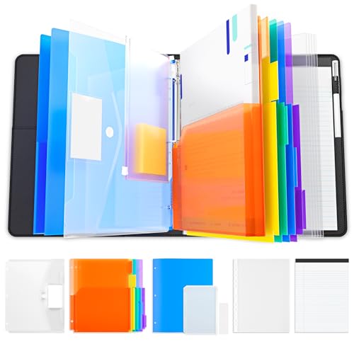 JoyCat 3 Ring Binder Clipboard with Storage,12.4"x10.2"Magnetic Clipboard Folder with 5 Expandable Folders,Refillable Lined Notepad (11" x 8.5"),Ideal for School Office Nursing(Black) - color: Black