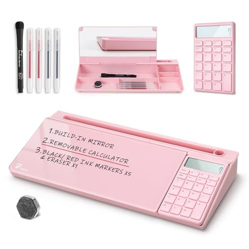 TOWON Glass Desk Whiteboard with Calculator 17x6 in, Desk Organizer, Pink | Desktop whiteboard with detachable calculator. Glass dry erase for home office. Storage and accessories included. - color: Cal Pink