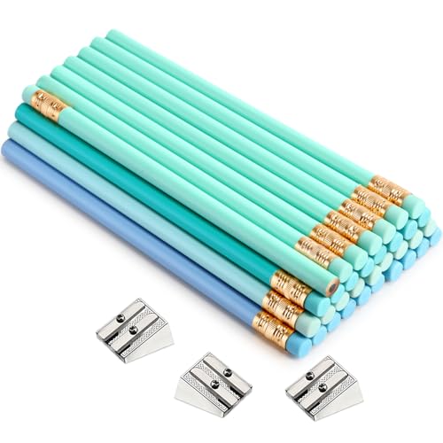 Fainne 48 Pcs Fat Pencils Jumbo Big Thick Large Pencils and 3 Pieces Sharpeners for Kids Beginners Preschoolers Kindergarten School Office Supplies(Turquoise Blue Series,Round) - color: Turquoise Blue Series, style: Round