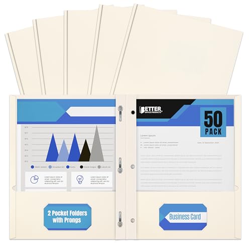 Better Office Products White Paper 2 Pocket Folders with Prongs, 50 Pack, Matte Texture, Letter Size Paper Folders, 50 Pack, with 3 Metal Prong Fastener Clips, White - color: White