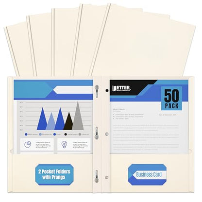 Better Office Products White Paper 2 Pocket Folders with Prongs, 50 Pack, Matte Texture, Letter Size Paper Folders, 50 Pack, with 3 Metal Prong Fastener Clips, White - color: White