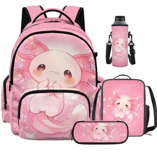 Cute Axolotl Backpack for Girls Boys Backpack with Lunch Box Water Bottle Pouch and Soft Pencil Case 4PCS Set Cute Bookbag with Side Pocket 17" Large School Bag Kids Back to School Gifts - color: Cute Axolotl