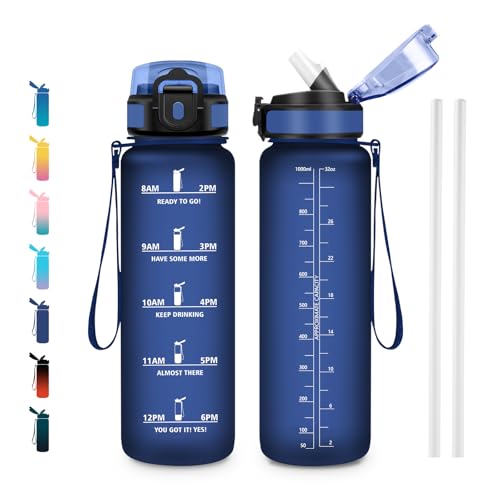 Drinking Bottle 1 L, Leak-proof with Time Marking & Straw, Sports Bottle for Fitness, Bike, Office, School - color: New | Matt Navy Blue, size: 33.8 Ounces
