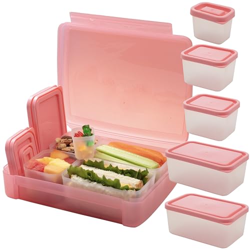 Bentology Bento Lunch Box Set w 5 Leakproof Made-to-Size Snack Containers & Built-In Utensil Holder- Meal Prep Made Easy w Reusable, Kid's Back to School or Office- Durable, BPA Free, Dishwasher Safe - color: Pink