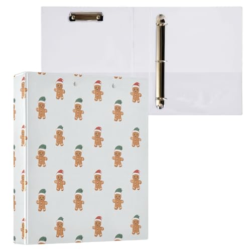 Fustylead Lovely Gingerbread Man Wear Santa Hat 3 Ring Binder, D-Rings 1.5" Hardcover Folder, Fits 200 Sheets of A4 Paper, Durable Clipboard & Clean View with Inside Pockets for School Home Office - size: 12.4x10.63x2.36 Inch-1 Pack