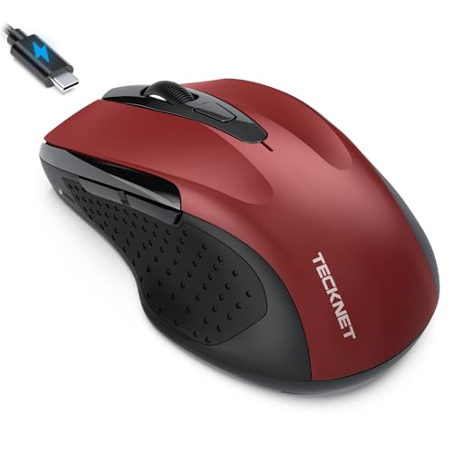 TECKNET Rechargeable Jiggler Wireless Mouse (BT5.0/3.0 & 2.4G) 4800 DPI Silent USB A & Bluetooth Mouse 6 Buttons, Wide Compatibility - Red - color: Red