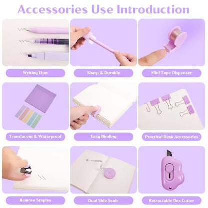 Mini Office Supply Kit, Mini Stapler with Staples and Tape Dispenser Set, Mini Stationary Kit Includes Sticky Notes Index Tabs Highlighters Gel Pens for Office & School Supplies (Purple) - color: Purple