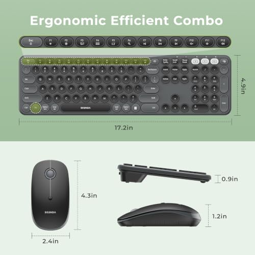 seenda Wireless Bluetooth Keyboard Mouse Combo, COE202 Retro Cute Round Keyboard, Silent Mouse, 3 Multi-Device Connection, Full Size Compatible for PC/Laptop/Mac/MacBook/iPad/Tablet, Black - color: Black
