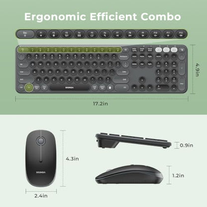 seenda Wireless Bluetooth Keyboard Mouse Combo, COE202 Retro Cute Round Keyboard, Silent Mouse, 3 Multi-Device Connection, Full Size Compatible for PC/Laptop/Mac/MacBook/iPad/Tablet, Black - color: Black