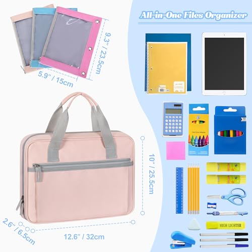YARWO 2026 Upgraded Zipper Binder with 3 Pencil Pouches, 3 Ring Binder Bag | Small File Organizer, Multi Pockets, Padded Sleeve Fits 13” iPad, ID window, 1.2" O Ring, for School, Office, Work, Pink - color: Pink