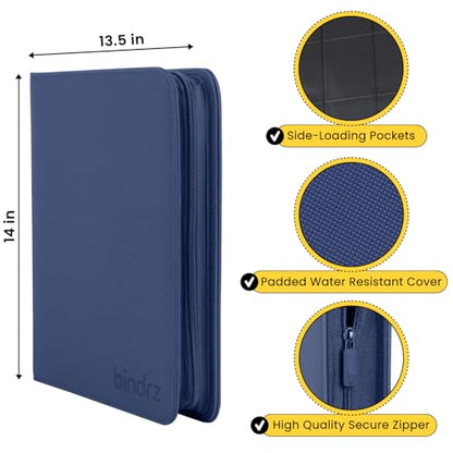 bindrz 12 Pocket Zipper Binder for 480 Sleeved Trading Cards (Blue) | Side Loading Pockets Album, Archival Safe Material, Compatible with TCG MTG and Sports Collectibles - color: Blue