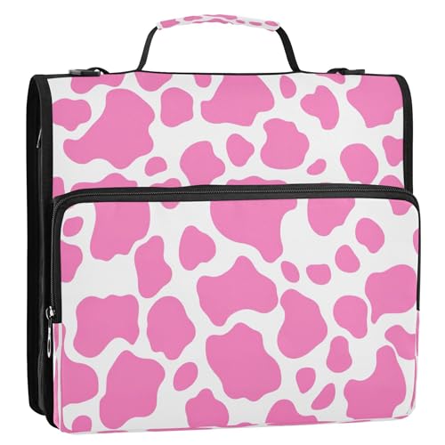 3 Ring Zipper Binder Pink Cow Print Binder Organizer Portfolio with File and Shoulder Strap & Handle Large Capacity File Folder - color: Pink Cow Print