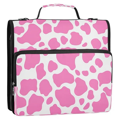 3 Ring Zipper Binder Pink Cow Print Binder Organizer Portfolio with File and Shoulder Strap & Handle Large Capacity File Folder - color: Pink Cow Print
