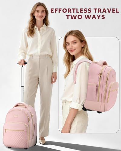 Arcoyard Small Rolling Backpack, 14.3 Inch Underseat Carry On Luggage With Wheels For Adults, Wheeled Backpack for Women, Travel Roller Bag, Pink