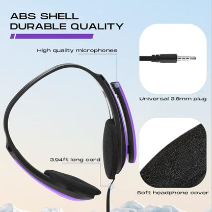 Yunsailing 20 Pack Bulk Classroom Headphones with Microphone Students Wired School Class Set Headphones for School Library Computer Office Adults 3.5 Jack Universal Plug(Purple) - color: Purple