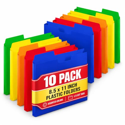 1InTheOffice Plastic File Folders Letter Size 1/3 Cut Tab, Poly File Pockets, Assorted Colors (10 Pack)