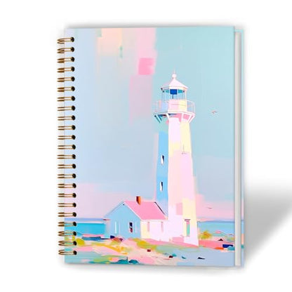 XUNLURY Pink Coastal Ocean Notebook, Pastel Lighthouse Seascape Journal, Summer Coastal Beach House Journal, Beach Lover Gifts Hardcover Spiral Notebooks, 5.5x8.3 Inch - color: Color_Dd